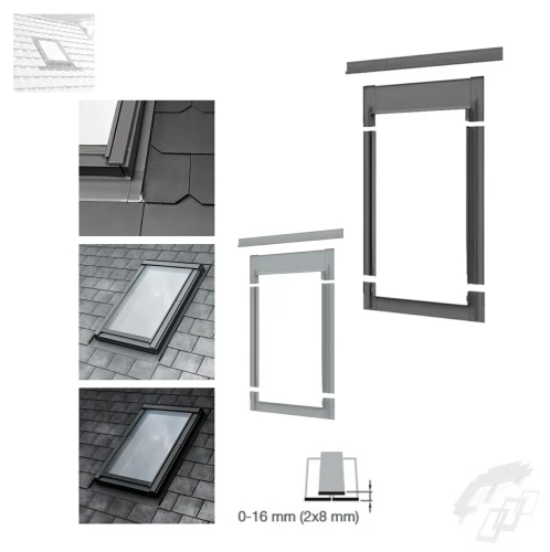 Zum Produkt ROOFLITE+ LSX (KSF) Eindeckrahmen für Flachdachmaterialien, wie Schindeln, Teerpappe, Schiefer mit einer Profilhöhe zwischen 0 und 16 mm (2 x 8 mm), Aluminium Einzel-Eindeckrahmen RAL 7043, Dachneigung: 15°-90°, Montage & Installation Zubehör *
