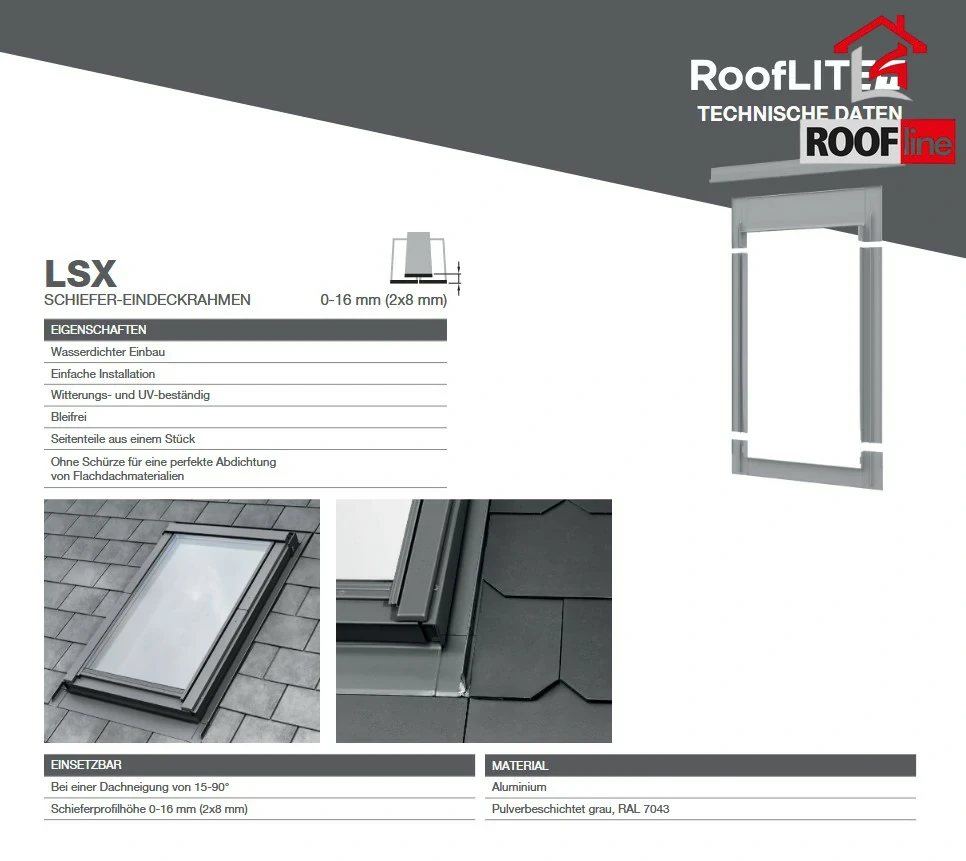 ROOFLITE+ LSX für Flachdachmaterialien, wie Schindeln, Teerpappe, Schiefer mit einer Profilhöhe zwischen 0 und 16 mm (2 x 8 mm).webp