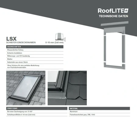 ROOFLITE+ LSX für Flachdachmaterialien, wie Schindeln, Teerpappe, Schiefer mit einer Profilhöhe zwischen 0 und 16 mm (2 x 8 mm).webp