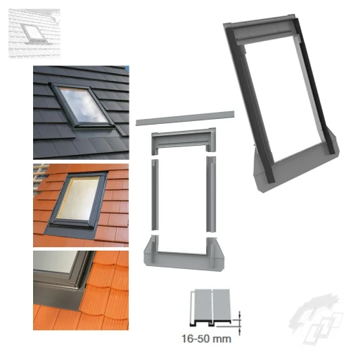 Zum Produkt ROOFLITE+ FTX Eindeckrahmen Für den Einbau in Dächer mit flachen Ziegeln, mit 16 bis 50 mm Profilhöhe (einschließlich Glattziegel), Aluminium Einzel-Eindeckrahmen RAL 7043, Dachneigung: 15°-90°, Montage & Installation Zubehör für Dachfenster._