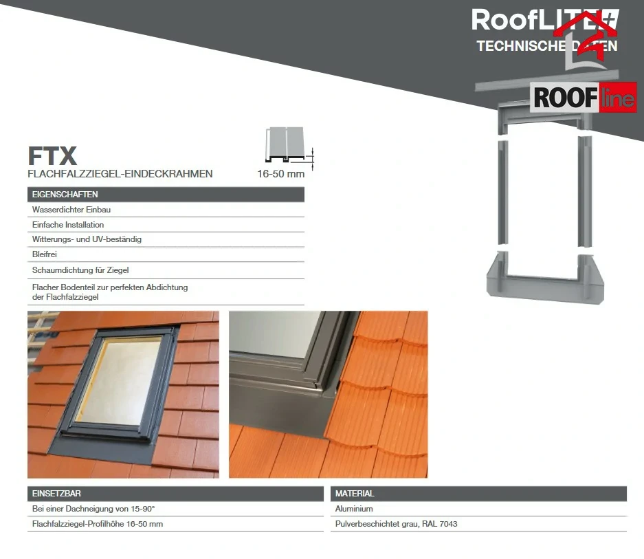 ROOFLITE+ FTX Für den Einbau in Dächer mit flachen Ziegeln, mit 16 bis 50 mm Profilhöhe (einschließlich Glattziegel).webp