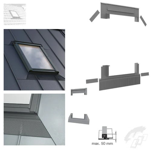 Zum Produkt ROOFLITE+ SSX Eindeckrahmen in Dächer konzipiert, die mit Blechen inklusive Stehfalz mit bis zu 50 mm, Aluminium Einzel-Eindeckrahmen RAL 7043, Dachneigung: 15°-90°, Montage & Installation Zubehör für Dachfenster._