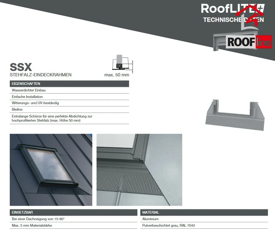 ROOFLITE+ SSX Eindeckrahmen in Dächer konzipiert, die mit Blechen inklusive Stehfalz mit bis zu 50 mm.webp