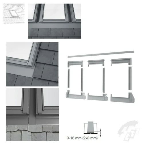 Zum Produkt ROOFLITE+ SCX Kombi-Eindeckrahmen  (Anordnung nebeneinander E= 10cm) für Flachdachmaterialien, wie Schindeln, Teerpappe, Schiefer mit einer Profilhöhe zwischen 0 und 16 mm (2 x 8 mm), Aluminium RAL 7043, Montage & Installation Zubehör für Dachfenster._