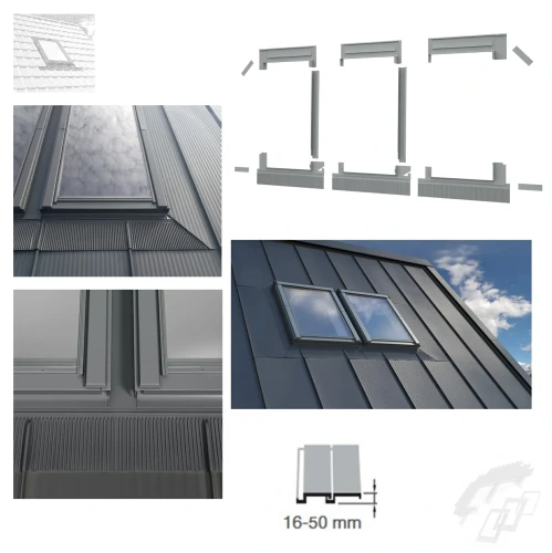 Zum Produkt ROOFLITE+ SSC Kombi-Eindeckrahmen (Anordnung nebeneinander E= 12cm) für Flachdachmaterialien, Stehfalz mit bis zu 50 mm Stärke gedeckt sind,  Aluminium RAL 7043, Montage & Installation Zubehör für Dachfenster *