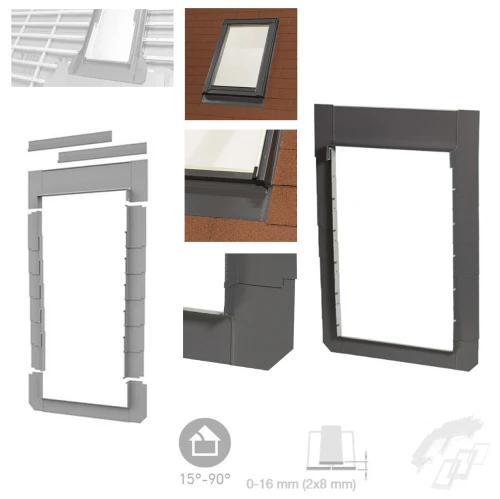 Zum Produkt DAKEA KSF Eindeckrahmen für Flachdachmaterialien, wie Schindeln, Teerpappe, Schiefer mit einer Profilhöhe zwischen 0 und 16 mm (2 x 8 mm), Aluminium Einzel-Eindeckrahmen RAL 7043, Dachneigung: 15°-90°, Montage & Installation Zubehör für Dachfenster *