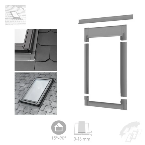 Zum Produkt DAKEA KLS Eindeckrahmen für Flachdachmaterialien, kompatibel mit Naturschiefer, Kunstschiefer, Bitumen-Dachmaterialien, Profilhöhe zwischen 0 und 16 mm, Aluminium Einzel-Eindeckrahmen RAL 7043, Dachneigung: 15°-90°, Zubehör für Dachfenster *
