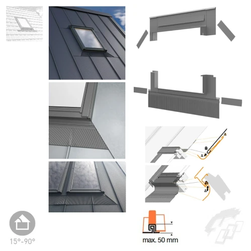 Zum Produkt DAKEA KSS Eindeckrahmen in Dächer konzipiert, die mit Blechen inklusive Stehfalz mit bis zu 50 mm, Aluminium Einzel-Eindeckrahmen RAL 7043, Dachneigung: 15°-90°, Montage & Installation Zubehör für Dachfenster *