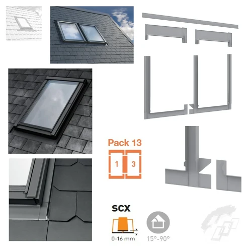 Zum Produkt DAKEA SCX Kombi-Eindeckrahmen  (Anordnung nebeneinander E= 10cm) für Flachdachmaterialien, wie Schindeln, Teerpappe, Schiefer mit einer Profilhöhe zwischen 0 und 16 mm (2 x 8 mm), Aluminium RAL 7043, Montage & Installation Zubehör für Dachfenster *