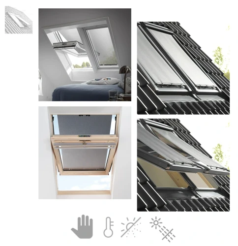 Zum Produkt RoofLITE+ MUA -Hitzeschutzrollo, MULTIFIT Für VELUX® Fenster entwickelt, Material in Schwarz RAL 4260, Das Gehäuse ist in der gleichen RAL 7043 – grau, Hitzeschutz-Markise Tageslicht für Dachfenster, Manuell, Transparentes Netzgewebe *