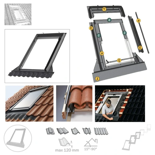Zum Produkt VELUX EDW 0000 Eindeckrahmen, Einzel-Eindeckrahmen Für profilierte Bedachungsmaterialien von 1,5 bis 12 cm Profilhöhe, Ziegel hoch/Welle, Passend für: Klosterpfanne, Mönch und Nonne, Wellplatten **.