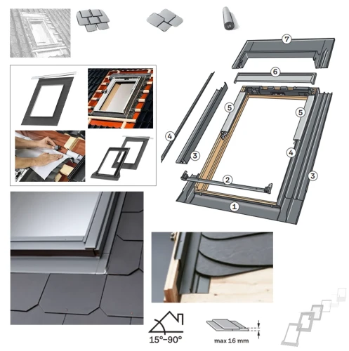 Zum Produkt VELUX EDS 1000 Einzel-Eindeckrahmen inkl. Anschlussschürze BFX, für Flachdachmaterialien, wie Schindeln, Teerpappe, Schiefer mit einer Profilhöhe zwischen 0 und 16 mm (2 x 8 mm), Aluminium Einzel-Eindeckrahmen RAL 7043, Dachneigung: 15°-90° **.