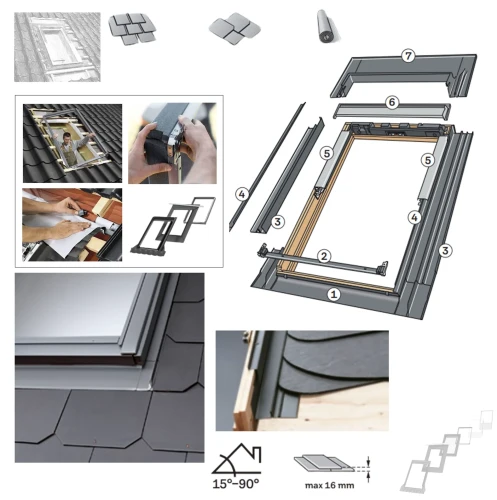 Zum Produkt VELUX EDS 2000 Einzel-Eindeckrahmen inkl. BDX Dämm- und Anschluss-Set, für Flachdachmaterialien, wie Schindeln, Teerpappe, Schiefer mit einer Profilhöhe zwischen 0 und 16 mm (2 x 8 mm), Aluminium Einzel-Eindeckrahmen RAL 7043, Dachneigung: 15°-90° #_
