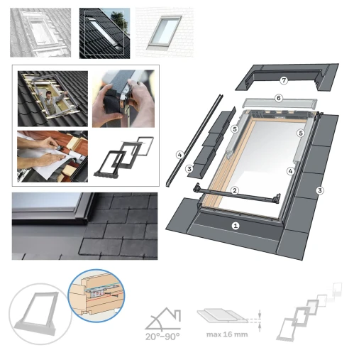 Zum Produkt VELUX EDN 2000 Einzel-Eindeckrahmen, Vertiefter Einbau inkl. BDX Dämm- und Anschluss-Set, Für flache Eindeckmaterialien bis 1,6 cm Höhe (2x 0,8 cm) Materialien mit geringer Aufbauhöhe, Schiefer Schichtstück, Nicht geeignet für überlappende Dachflächen **.