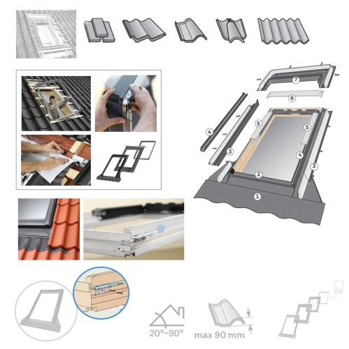 Zum Produkt  VELUX EDJ 2000 Einzel-Eindeckrahmen, Vertiefter Einbau, inkl. BDX Dämm- und Anschluss-Set, Für flache und profilierte Eindeckmaterialien von 1,5 bis 9 cm Höhe, Aluminium, RAL 7043, Dachneigung: 20°-90°, - 4 cm (blaue Linie) **.