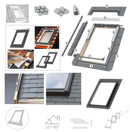 Zum Produkt VELUX EDL 1000 Einzel-Eindeckrahmen, für Flachdachmaterialien, für Schiefer Schichstücke, Schindeln, Teerpappe, inkl. Anschlussschürze BFX, bis 1,6 cm Höhe; Doppeldeckung, Aluminium, RAL 7043, Dachneigung: 15°-90° **.