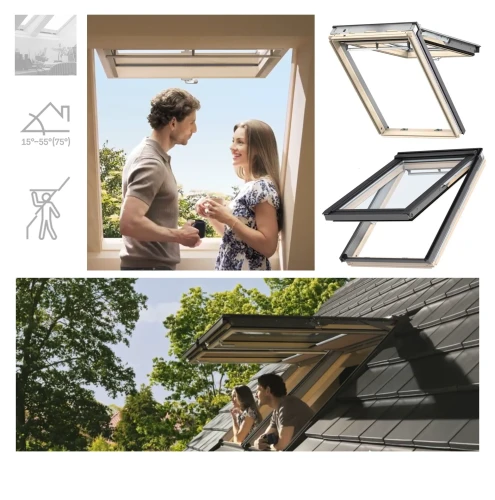 Zum Produkt VELUX GNL 1064 manuelles Klapp-Schwingfenster aus Holz, mit 3-fach-Verglasung Uw=1,0, Energiesparende Dreifachverglasung, Neue Generation KOMFORT PLUS 2026, wird mit einem Griff am Flügel-Unterteil bedient **