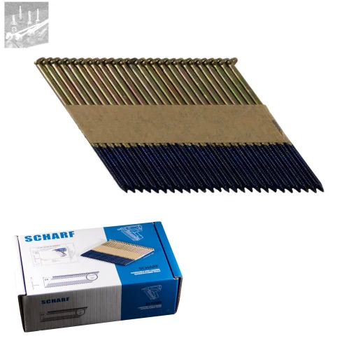 Zum Produkt SCHARF 34°-Papiergebundene Streifennägel  mit Schaften Ring (Ringnut), Papierummantelte Nägel, Strefiennägel mit Drahtmaß: von 2,8 bis 3,1mm, und Längen von 50 bis 100mm, D-Kopf, galvanisiert