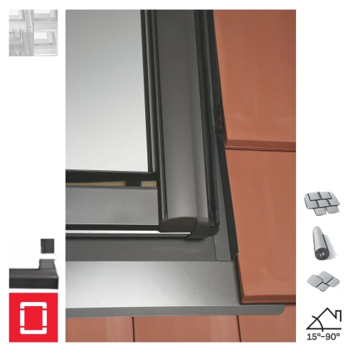 Zum Produkt ROTO Designo EDS Rx200 Einzel-Eindeckrahmen Standard, für Flachdächer bis 3 cm Dicke,  kompatibel: Schiefer, Flachdachziegel im Lochmuster, Flachbetondachziegel, Dachpappe, Alu Anthrazit-Metallic R703, Dachneigung: 15°-90°, Montage Zubehör *