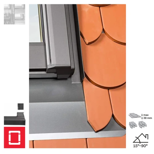 Zum Produkt ROTO Designo EDL Rx200 Einzel-Eindeckrahmen für Flachdächer bis 3,8 cm Biberschwanz für Schiefer und schieferartige Eindeckmaterialien bis 1,6 cm mit Schichtstücken, für die Biberschwanz-Doppeldeckung bis 2 x 1,6 cm  Alu Anthrazit-Metallic R703 15°-90° *