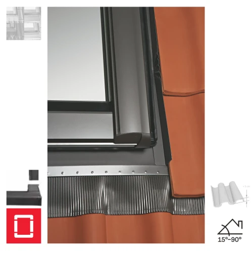 Zum Produkt ROTO Designo EDH Rx200 Einzel-Eindeckrahmen, Hohe Ziegel, Standard, für profilierte Dachpfannen und -ziegel über 5 cm Höhe; Hochwertige Dachziegel aus Keramik und Beton, Alu Anthrazit-Metallic R703, Dachneigung: 15°-90°, Montage Zubehör *