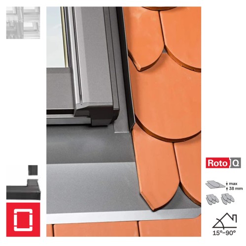 Zum Produkt ROTO Designo EDL Qx200 Einzel-Eindeckrahmen, für Flachdächer bis 3,8 cm, Biberschwanz für Schiefer und schieferartige Eindeckmaterialien bis 1,6 cm mit Schichtstücken, für die Biberschwanz-Doppeldeckung bis 2 x 1,6 cm, Alu Anthrazit-Metallic R703 *