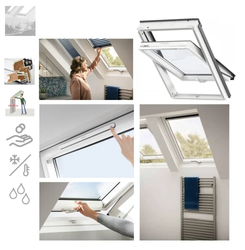 Zum Produkt VELUX Dachfenster GLU 0085 B, manuelles Schwingfenster, Boden griff, Kunststoff-Fenster (Polyurethan), 3-fach Energieeffizienz Verglasung 85 Uw=0,9, Rw=38dB, KOMFORT PLUS Linie 2026 **