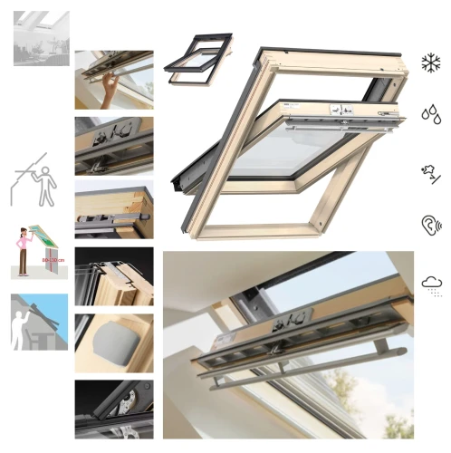 Zum Produkt VELUX Dachfenster GLL 1085  Holzfenster, klar lackiert, manuelles Schwingfenster, Öffnung nach oben, 3-fach Energieeffizienz Verglasung 85 Uw=0,9, Rw=38dB, KOMFORT PLUS Linie 2026 **