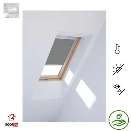 Verdunkelungsrollo DUA Dakea, RoofLITE+ Innen dekorativen Stoff DUA-Rollos sind mit allen Dakea, RoofLITE+, FAKRO, OPTILIGHT- und Keylite -Modelle kompatibel, Schienen Alu natur grau _ 3a_ e-roofline.de.webp