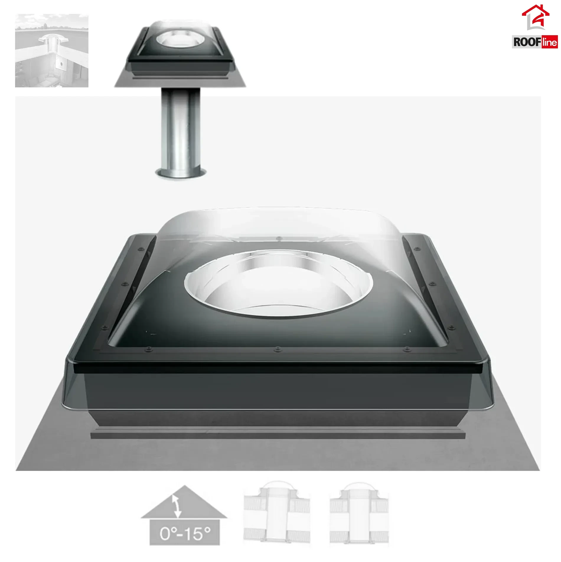 FAKRO SRF 350 Tageslicht-Spot mit starrem Rohr der Länge 61 cm für Flache Dächer 0-15 Grad, Kuppel aus Polycarbonat _e-roofline.de.webp