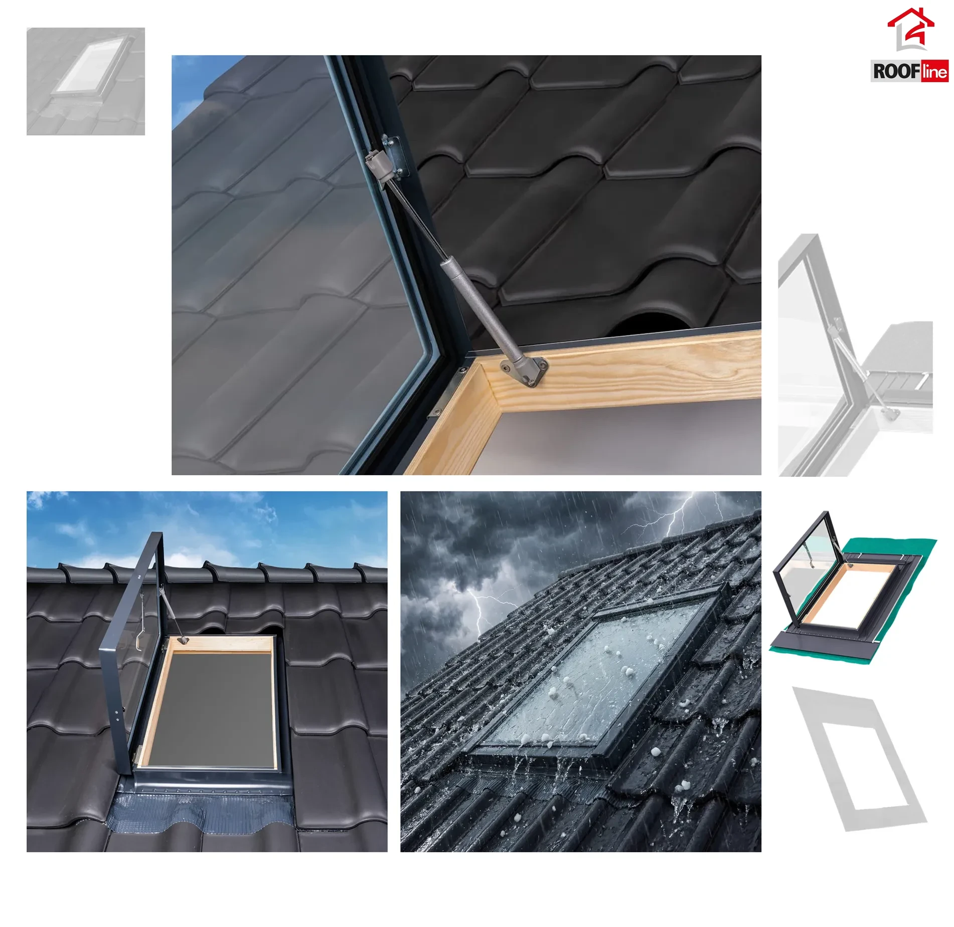 Fakro Wohndachausstieg WGU-X 46-75 RAL7016, Dachausstiegsfenster aus Kiefernholz hergestellt, Doppelverglasung, Integrierte Einndeckrahmen, incl. Dampfsperrfolie 1_e-roofline.de.webp