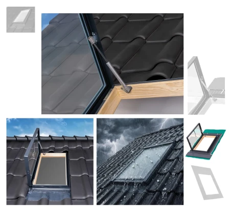 Fakro Wohndachausstieg WGU-X 46-75 RAL7016, Dachausstiegsfenster aus Kiefernholz hergestellt, Doppelverglasung, Integrierte Einndeckrahmen, incl. Dampfsperrfolie 1_e-roofline.de.webp