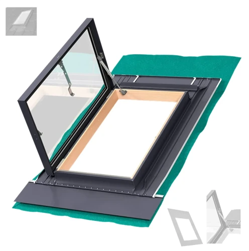 Zum Produkt Fakro Wohndachausstieg WGU-X 46-75 RAL7016, Dachausstiegsfenster aus Kiefernholz hergestellt, Doppelverglasung, Integrierte Einndeckrahmen, incl. Dampfsperrfolie, Profilhöhe bis zu 45 mm, Dachneigungen von 15° bis 60° *
