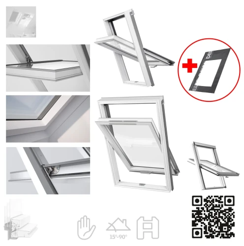Zum Produkt DAKEA Dachfenster Better Energy TRIO PVC KPV B1500  Dreifach verglastes PVC-Dachfenster Uw=1,1  energieeffizient und wartungsarm, manuelles Schwingfenster, Boden griff, Kunststoff-Fenster, Rw=33dB *