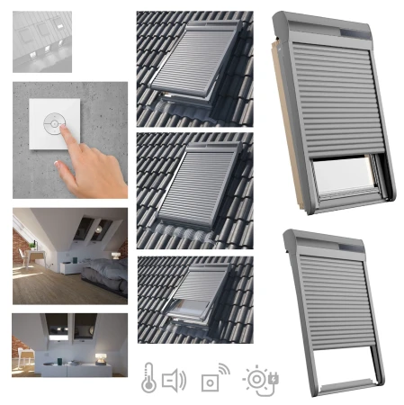 Dakea RoofLITE+ Solar Rollläden SSR,  Aluminium-Rolllade, Sonnenschutz, idealen Hitzeschutz Rollo, Dunkelgraues Aluminium, inkl. Funk-Wandschalter, RAL 7043 _2_e-roofline.de.webp