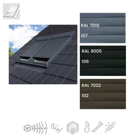 Fakro Außenrollladen ARZ Komfort Z-WAVE (Neuheit)15V DC. Neues Design in Anthrazitgrau RAL 7016, Aluminium-Rolllade, Sonnenschutz, idealen Hitzeschutz, alternativ RAL 9005 oder RAL 7022 _2 _e-roofline.de.webp