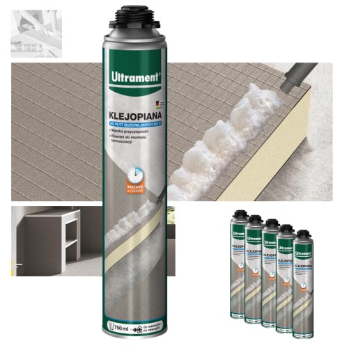 Zum Produkt ULTRAMENT-KLEBER SCHAUM 750 ml-Dosis, Sammelverpackung 5 Stück,Polyurethan-Klebstoff, Er dient zum Verkleben von Do It Bauplatten, Wänden, Böden, Eckprofilen, zum Verkleben von Wärmedämmung auf bituminösen oder polymeren Fundamentabdichtungen *