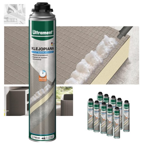 Zum Produkt ULTRAMENT-KLEBER SCHAUM 750 ml-Dosis, Sammelverpackung 10 Stück,Polyurethan-Klebstoff, Er dient zum Verkleben von Do It Bauplatten, Wänden, Böden, Eckprofilen, zum Verkleben von Wärmedämmung auf bituminösen oder polymeren Fundamentabdichtungen *