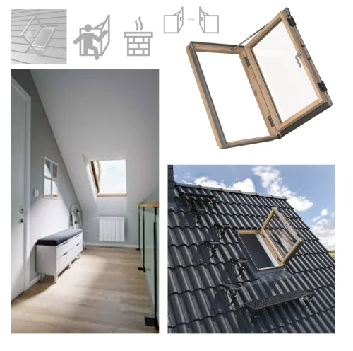 Zum Produkt Dakea KXL ACCESS ENERGY Wohn-Ausstiegsfenster Holz mit Türfunktion, Uw=1,1 ENERGY+ – Dreifachverglasung, 36 dB, Montage von 15°–85°, THERMOSTAT – Zusätzliche emissionsarme Beschichtung