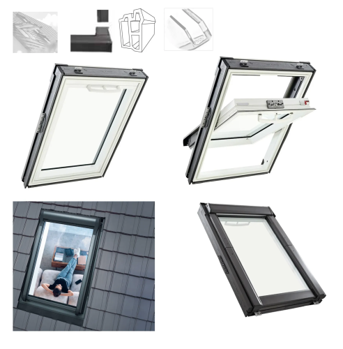 Zum Produkt ROTO Schwingfenster RotoQ Q4 Q42C K200 2fach-Comfort PVC-Dachfenster aus Kunststoff, Einscheiben-Sicherheitsglas, Uw-Wert: 1,1, Manuelles, Oben griff, Anthrazit Metallic R703 *