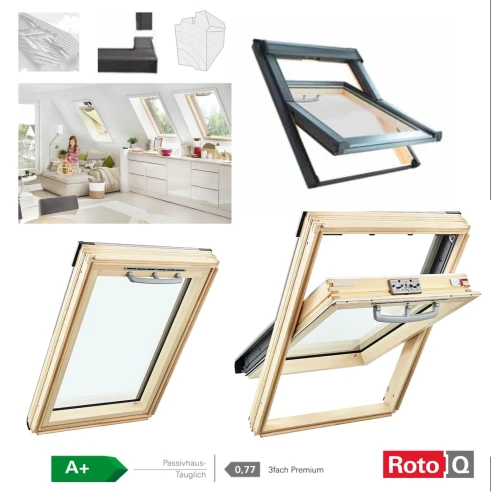 Zum Produkt ROTO Schwingfenster RotoQ Q4 Q43P H200 Premium Holz -Dachfenster aus Massives Kiefernholz, Einscheiben-Sicherheitsglas, Uw-Wert: 0,77 Manuelles, Oben griff, Anthrazit Metallic R703 *