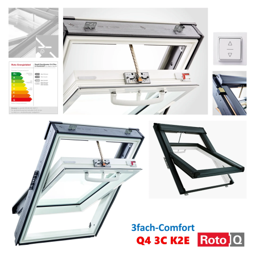 Zum Produkt  ROTO Schwingfenster Tronic Plus RotoQ QT4 3C K2E_ Comfort, aus Kunststoff weiß -3fach Glas, Elektrisches incl.  Wandschalter, Dachfenster, Einscheiben-Sicherheitsglas, Uw-Wert: 0,9, Oben griff, Anthrazit Metallic R703 *