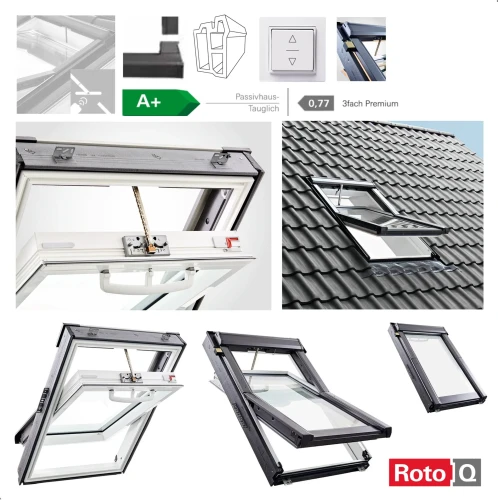 Zum Produkt ROTO Schwingfenster Tronic Plus RotoQ QT4 3P K2E_ Premium, aus Kunststoff weiß -3fach Glas, Elektrisches Dachfenster incl. Wandschalter, Einscheiben-Sicherheitsglas, Uw-Wert: 0,77 Oben griff, Anthrazit Metallic R703 *