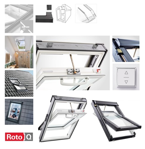 Zum Produkt ROTO Schwingfenster Tronic Plus RotoQ QT4 2C K2E_ Comfort, aus Kunststoff weiß -2fach VSG Glas, Elektrisches Dachfenster incl. Wandschalter, Einscheiben-Sicherheitsglas, Uw-Wert: 1,1 Oben griff, Anthrazit Metallic R703 *