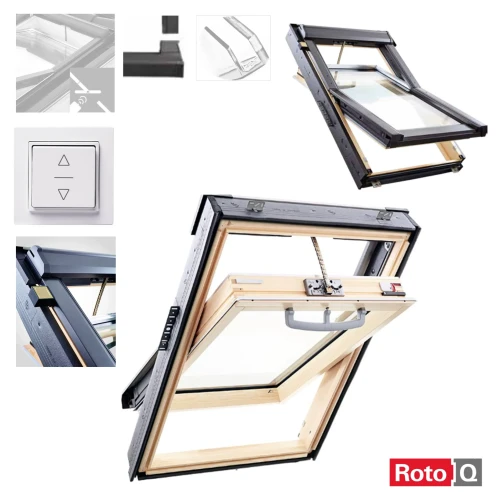 Zum Produkt ROTO Schwingfenster RotoQ QT4 2C H2E Tronic Plus Comfort, Holz -2fach Glas, ElektrischesDachfenster incl. Wandschalter aus Massives Kiefernholz, VSG-Sicherheitsglas innen, Uw-Wert: 1,1 Oben griff, Anthrazit Metallic R703 * 