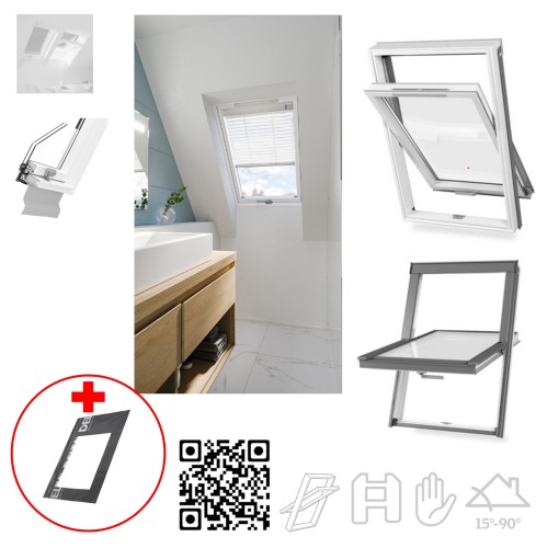 Zum Produkt DAKEA Dachfenster Better Safe PVC  KPV B1000, PVC-Dachfenster Uw=1,3 2-fach VSG / ESG, Einscheiben-Sicherheitsglas, energieeffizient und wartungsarm, manuelles Schwingfenster, Boden griff, Kunststoff-Fenster*