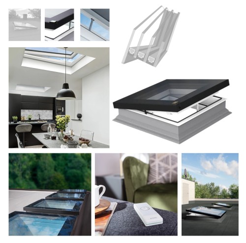 Zum Produkt FAKRO Flachdach-Fenster DEF DU8 Z-Wave Typ F Uw: 0,64  W/m2K, Fenster mit 4-fach-Isolierverglasung, Flach-Glas P2A, Montage Dachneigung [min.–max.]: 2° – 15°, aus Mehrkammer-PVC-Profilen *