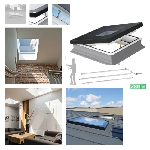 Zum Produkt  FAKRO Flachdach-Fenster DMF DU8 Manuelle Öffnung Typ F Uw: 0,64 W/m2K, Fenster mit 4-fach-Isolierverglasung, Flach-Glas P2A, Montage Dachneigung [min.–max.]: 2° – 15°, aus Mehrkammer-PVC-Profilen *