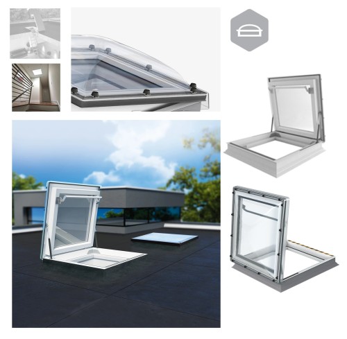 Zum Produkt FAKRO Flachdachfenster Flachdach-Ausstieg DRC-V P2, Uw 0.93, P2A, mit transparenter Kuppel aus Polycarbonat, Ausstiegsfenster für Dachneigungen von 0° bis 15°, aus Mehrkammer-PVC-Profilen *