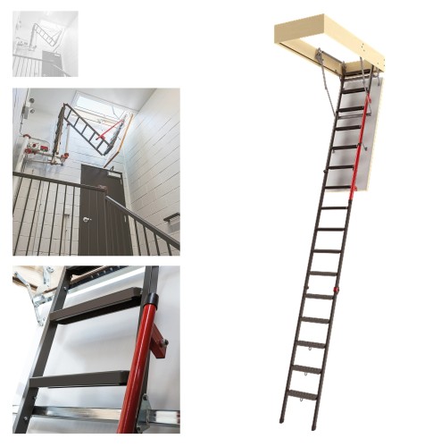 Zum Produkt FAKRO Dachbodentreppe Metall LMP, ideale Lösung für Räume 366 cm (min 300cm), RAL 7022 pulverbeschichtete Metalltreppe, Rutschfeste Stufen, Teleskopischer Handlauf mit Mechanismus zur Unterstützung des Ein- und Ausklappens der Leiter